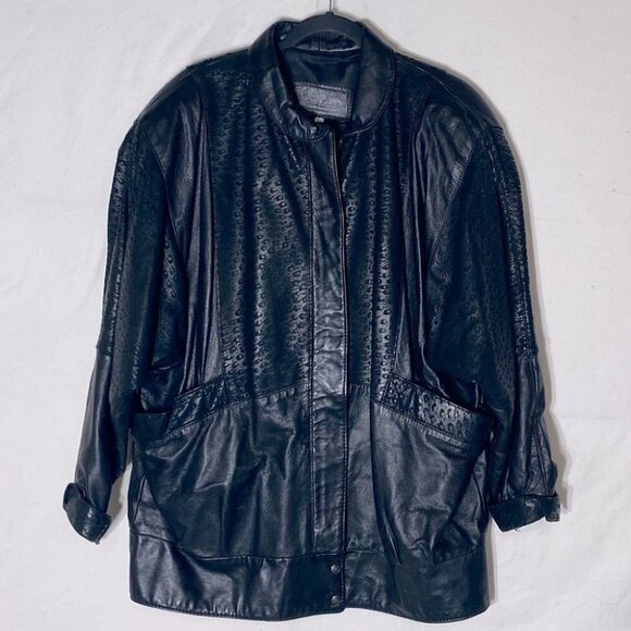 Vintage Oscar Leopold Black Animal Print Oversized 90s Leather Jacket L - Picture 15 of 15
